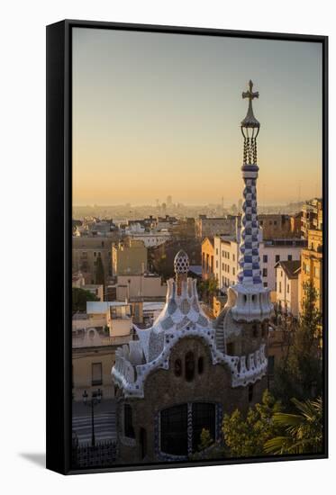 Park Guell with city skyline behind at sunrise, Barcelona, Catalonia, Spain-ClickAlps-Framed Stretched Canvas