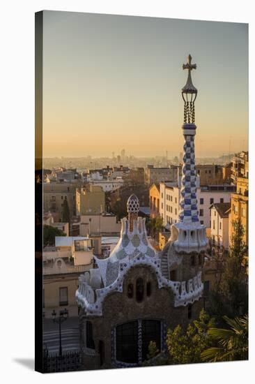 Park Guell with city skyline behind at sunrise, Barcelona, Catalonia, Spain-ClickAlps-Stretched Canvas