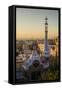 Park Guell with city skyline behind at sunrise, Barcelona, Catalonia, Spain-ClickAlps-Framed Stretched Canvas