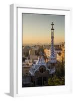 Park Guell with city skyline behind at sunrise, Barcelona, Catalonia, Spain-ClickAlps-Framed Photographic Print