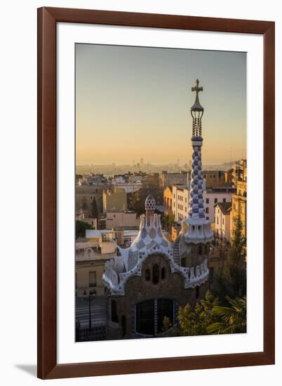 Park Guell with city skyline behind at sunrise, Barcelona, Catalonia, Spain-ClickAlps-Framed Photographic Print