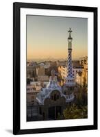 Park Guell with city skyline behind at sunrise, Barcelona, Catalonia, Spain-ClickAlps-Framed Photographic Print