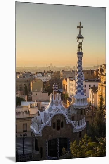 Park Guell with city skyline behind at sunrise, Barcelona, Catalonia, Spain-ClickAlps-Mounted Photographic Print