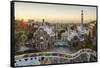 Park Guell with city skyline behind at sunrise, Barcelona, Catalonia, Spain-ClickAlps-Framed Stretched Canvas