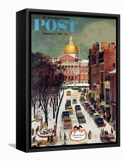 "Park Street, Boston," Saturday Evening Post Cover, January 7, 1961-John Falter-Framed Stretched Canvas