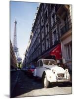 Parked Citroen on Rue De Monttessuy, with the Eiffel Tower Behind, Paris, France-Geoff Renner-Mounted Photographic Print