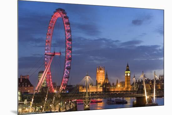 Parliament, London Eye and Jubilee Bridge on River Thames, London, UK-Peter Adams-Mounted Premium Photographic Print