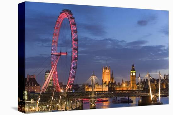 Parliament, London Eye and Jubilee Bridge on River Thames, London, UK-Peter Adams-Stretched Canvas