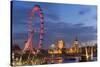 Parliament, London Eye and Jubilee Bridge on River Thames, London, UK-Peter Adams-Stretched Canvas