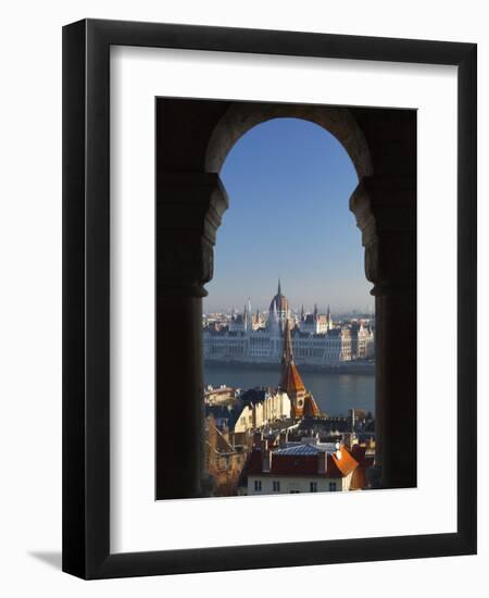 Parliament (Orszaghaz) and River Danube Through Arches of Fishermen's Bastion (Halaszbastya), UNESC-Stuart Black-Framed Photographic Print