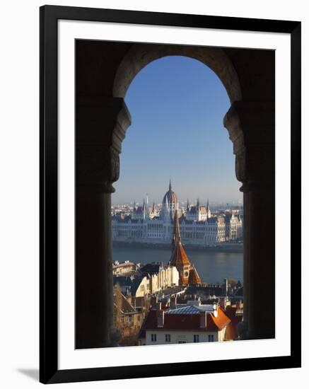 Parliament (Orszaghaz) and River Danube Through Arches of Fishermen's Bastion (Halaszbastya), UNESC-Stuart Black-Framed Photographic Print