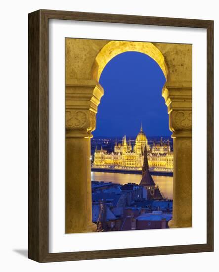 Parliament (Orszaghaz) Through Arches of Fishermen's Bastion (Halaszbastya) at Dusk, UNESCO World H-Stuart Black-Framed Photographic Print