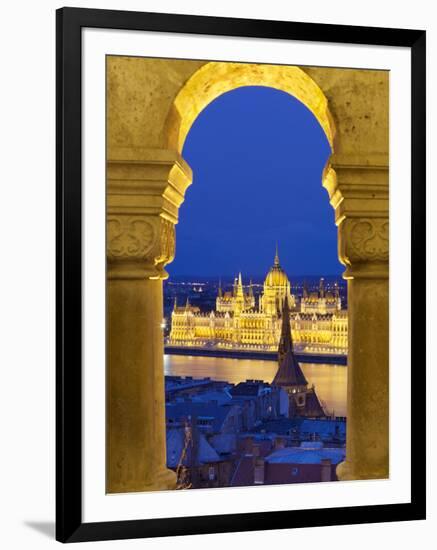 Parliament (Orszaghaz) Through Arches of Fishermen's Bastion (Halaszbastya) at Dusk, UNESCO World H-Stuart Black-Framed Photographic Print