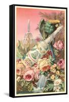 Parrot on Bottle with Roses-null-Framed Stretched Canvas