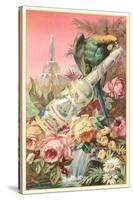 Parrot on Bottle with Roses-null-Stretched Canvas