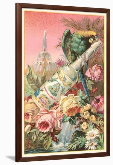 Parrot on Bottle with Roses-null-Framed Art Print