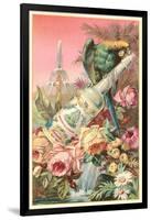 Parrot on Bottle with Roses-null-Framed Art Print