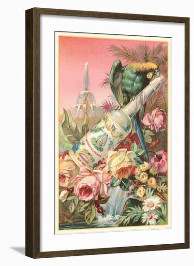 Parrot on Bottle with Roses-null-Framed Art Print