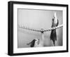 Parrot Perched on Rope, Cat Below-null-Framed Premium Photographic Print