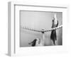 Parrot Perched on Rope, Cat Below-null-Framed Photographic Print