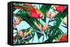 Parrots, Exotic Birds, Tropical Flowers, Palm Leaves, Jungle Leaves, Bird of Paradise Flower, Seaml-NataliaKo-Framed Stretched Canvas