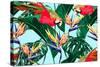 Parrots, Exotic Birds, Tropical Flowers, Palm Leaves, Jungle Leaves, Bird of Paradise Flower, Seaml-NataliaKo-Stretched Canvas