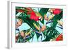 Parrots, Exotic Birds, Tropical Flowers, Palm Leaves, Jungle Leaves, Bird of Paradise Flower, Seaml-NataliaKo-Framed Art Print