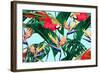 Parrots, Exotic Birds, Tropical Flowers, Palm Leaves, Jungle Leaves, Bird of Paradise Flower, Seaml-NataliaKo-Framed Art Print