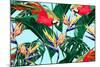 Parrots, Exotic Birds, Tropical Flowers, Palm Leaves, Jungle Leaves, Bird of Paradise Flower, Seaml-NataliaKo-Mounted Art Print