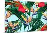 Parrots, Exotic Birds, Tropical Flowers, Palm Leaves, Jungle Leaves, Bird of Paradise Flower, Seaml-NataliaKo-Mounted Art Print