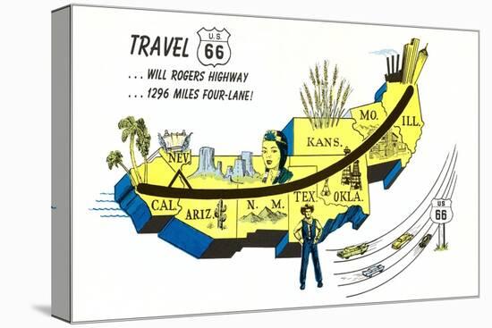 Partial Map Showing Will Rogers Highway, Route 66-null-Stretched Canvas