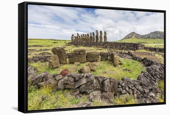 Partial Moai Heads in a Circle at the 15 Moai Restored Ceremonial Site of Ahu Tongariki-Michael Nolan-Framed Stretched Canvas