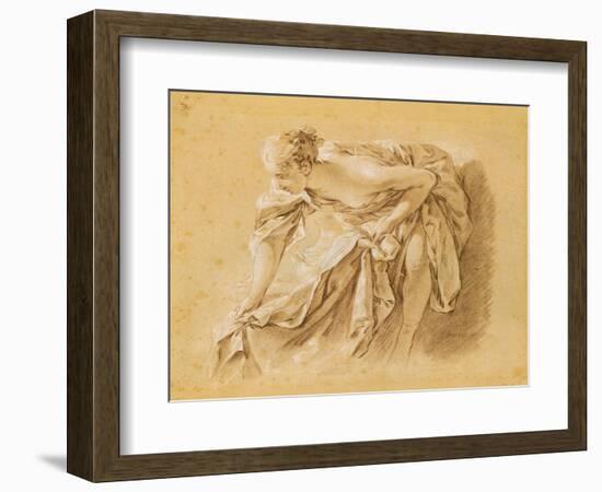 Partially Nude Woman Bathing (Black, Red and White Chalk on Paper)-Francois Boucher-Framed Giclee Print