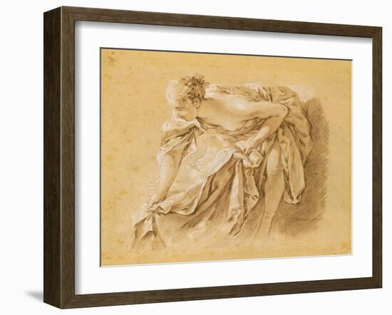 Partially Nude Woman Bathing (Black, Red and White Chalk on Paper)-Francois Boucher-Framed Giclee Print