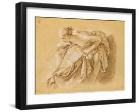 Partially Nude Woman Bathing (Black, Red and White Chalk on Paper)-Francois Boucher-Framed Giclee Print