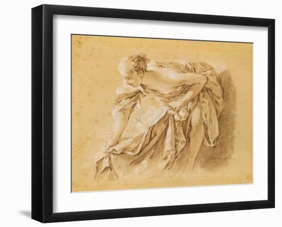 Partially Nude Woman Bathing (Black, Red and White Chalk on Paper)-Francois Boucher-Framed Giclee Print