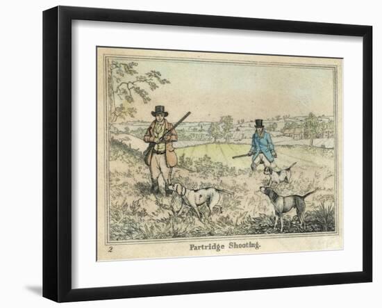 Partridge, Two Men and Their Dogs Looking for Partridge in an Open Field-Henry Thomas Alken-Framed Art Print