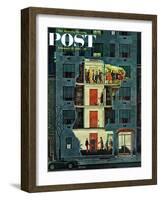 "Party Holding Up the Elevator," Saturday Evening Post Cover, February 25, 1961-Ben Kimberly Prins-Framed Giclee Print