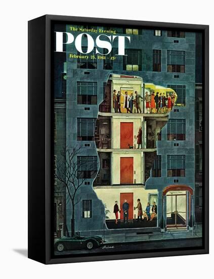 "Party Holding Up the Elevator," Saturday Evening Post Cover, February 25, 1961-Ben Kimberly Prins-Framed Stretched Canvas