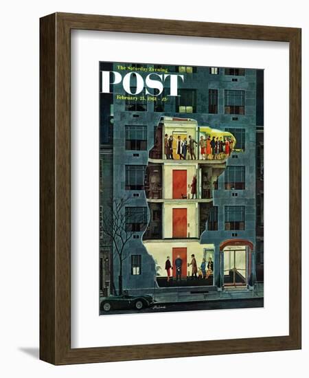 "Party Holding Up the Elevator," Saturday Evening Post Cover, February 25, 1961-Ben Kimberly Prins-Framed Giclee Print