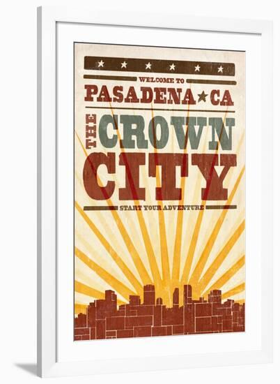 Pasadena, California - Skyline and Sunburst Screenprint Style-Lantern Press-Framed Art Print