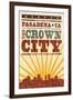 Pasadena, California - Skyline and Sunburst Screenprint Style-Lantern Press-Framed Art Print