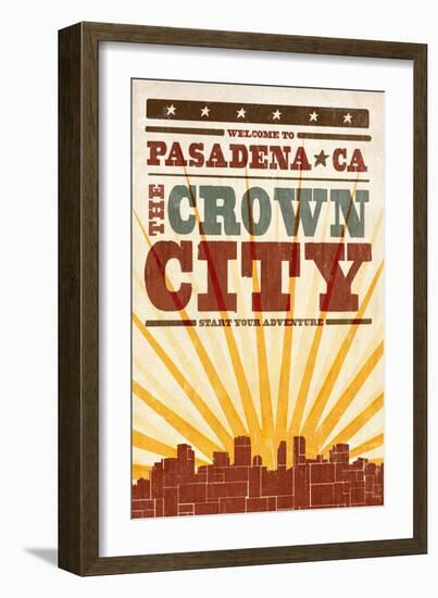 Pasadena, California - Skyline and Sunburst Screenprint Style-Lantern Press-Framed Art Print