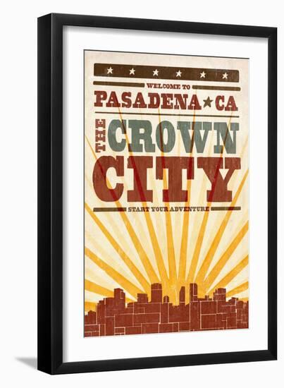Pasadena, California - Skyline and Sunburst Screenprint Style-Lantern Press-Framed Art Print