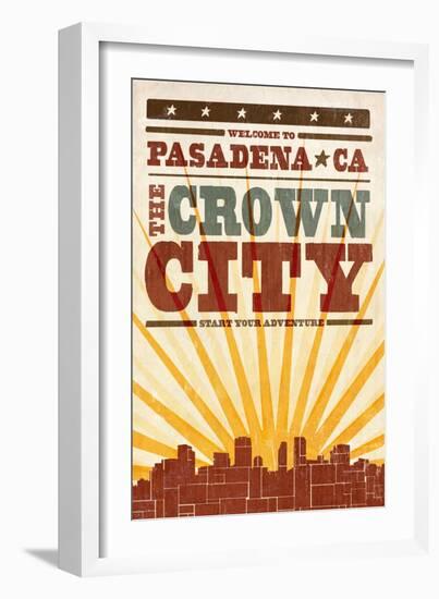 Pasadena, California - Skyline and Sunburst Screenprint Style-Lantern Press-Framed Art Print
