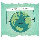 Cartoon Earth Illustration. Planet Smile and Hold Banner with Happy Earth Day Words. on Sunbeam Ray-pashabo-Art Print