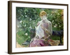 Pasie Sewing in Bougival's Garden, 1881-Berthe Morisot-Framed Giclee Print