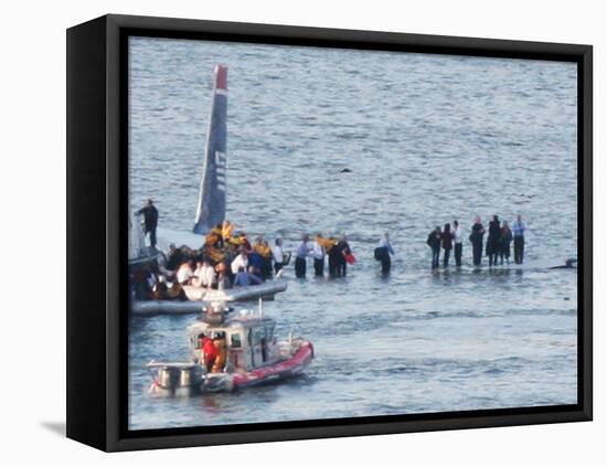 Passengers in an Inflatable Raft, Moving Away from a US Aircraft That Has Gone Down in Hudson River-null-Framed Stretched Canvas