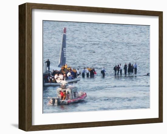 Passengers in an Inflatable Raft, Moving Away from a US Aircraft That Has Gone Down in Hudson River-null-Framed Photographic Print