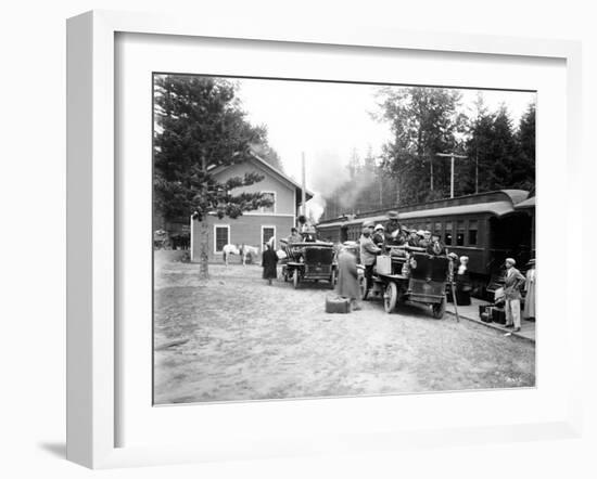 Passengers Prepare to Board a Train, Circa 1910-Asahel Curtis-Framed Giclee Print